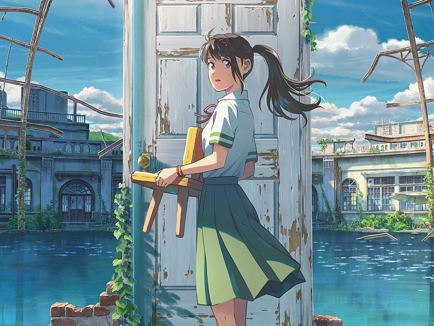 Anime Girl in School Uniform Standing by Flooded Ruins with Wooden Stool HD wallpaper