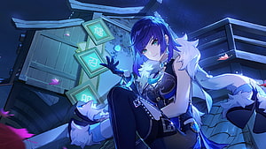 Yelan from Genshin Impact in a Nighttime Sumeru Setting with Glowing Tiles and Blue Hair HD wallpaper