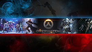 Overwatch Team Roster and Logo Wallpaper with Blue and Red Abstract Background HD wallpaper