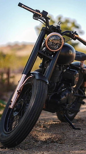 Royal Enfield Bullet Custom Bobber Motorcycle with Matte Black Finish and Copper Accents HD phone wallpaper