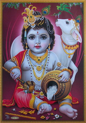 Baby Lord Krishna with Divine Cow and Butter Pot in Traditional Indian Art HD phone wallpaper