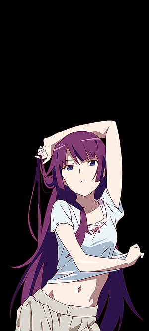 Purple-Haired Anime Girl in White Crop Top and Beige Pants on Black Background HD phone wallpaper