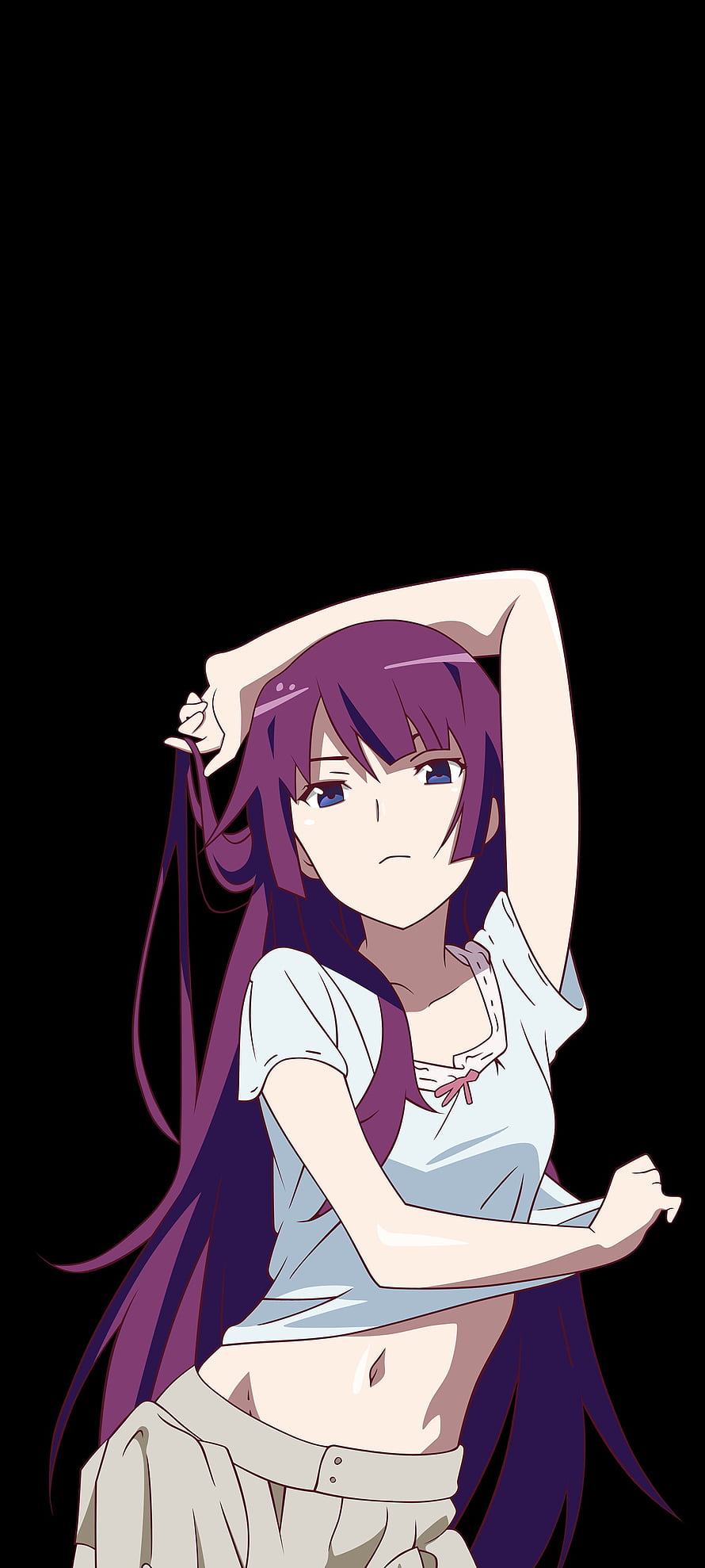 Purple-Haired Anime Girl in White Crop Top and Beige Pants on Black Background HD phone wallpaper
