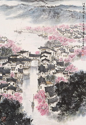 Traditional Chinese Ink Painting of Jiangnan Water Town with Cherry Blossoms HD phone wallpaper