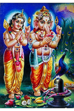 Lord Ganesha and Kartikeya Hindu Deities with Peacock and Shiva Lingam HD phone wallpaper