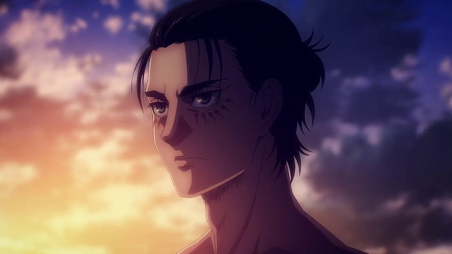 Eren Yeager Anime Portrait at Sunset with Dramatic Clouds HD wallpaper