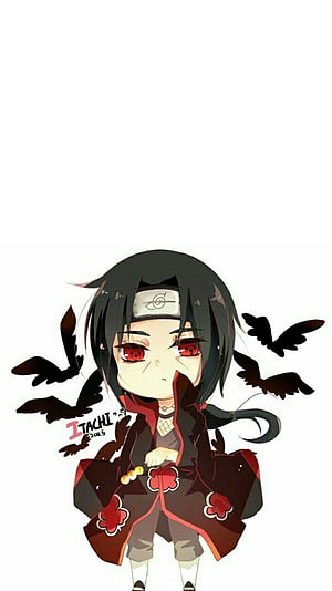 Chibi Itachi Uchiha in Akatsuki Cloak with Sharingan Eyes and Crows HD phone wallpaper
