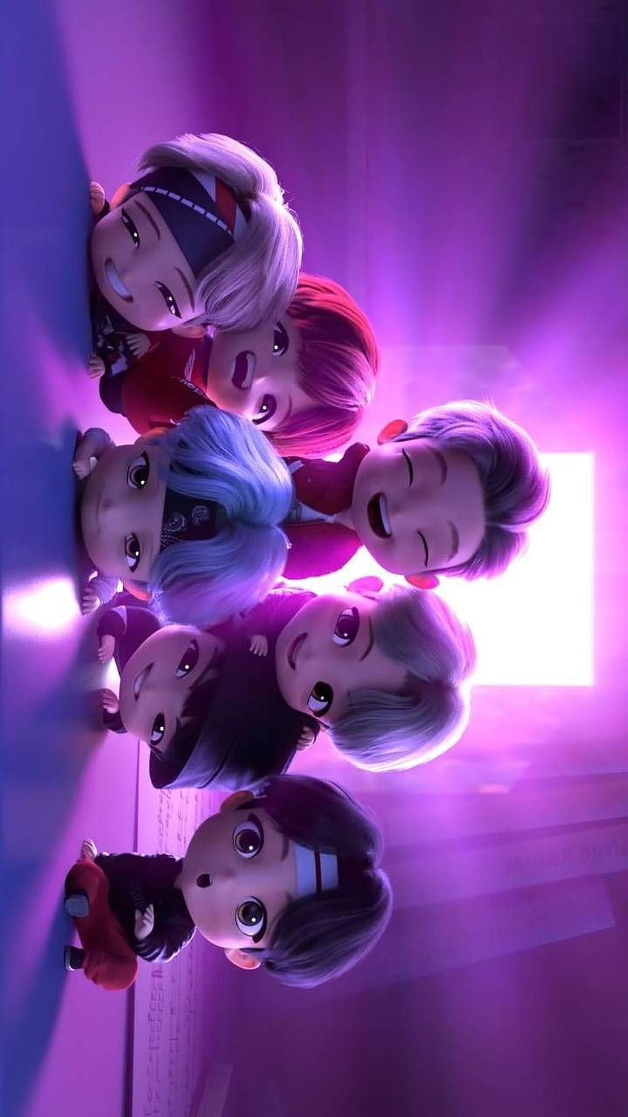 BTS Chibi Characters Group Portrait in Vibrant Purple Lighting HD phone wallpaper