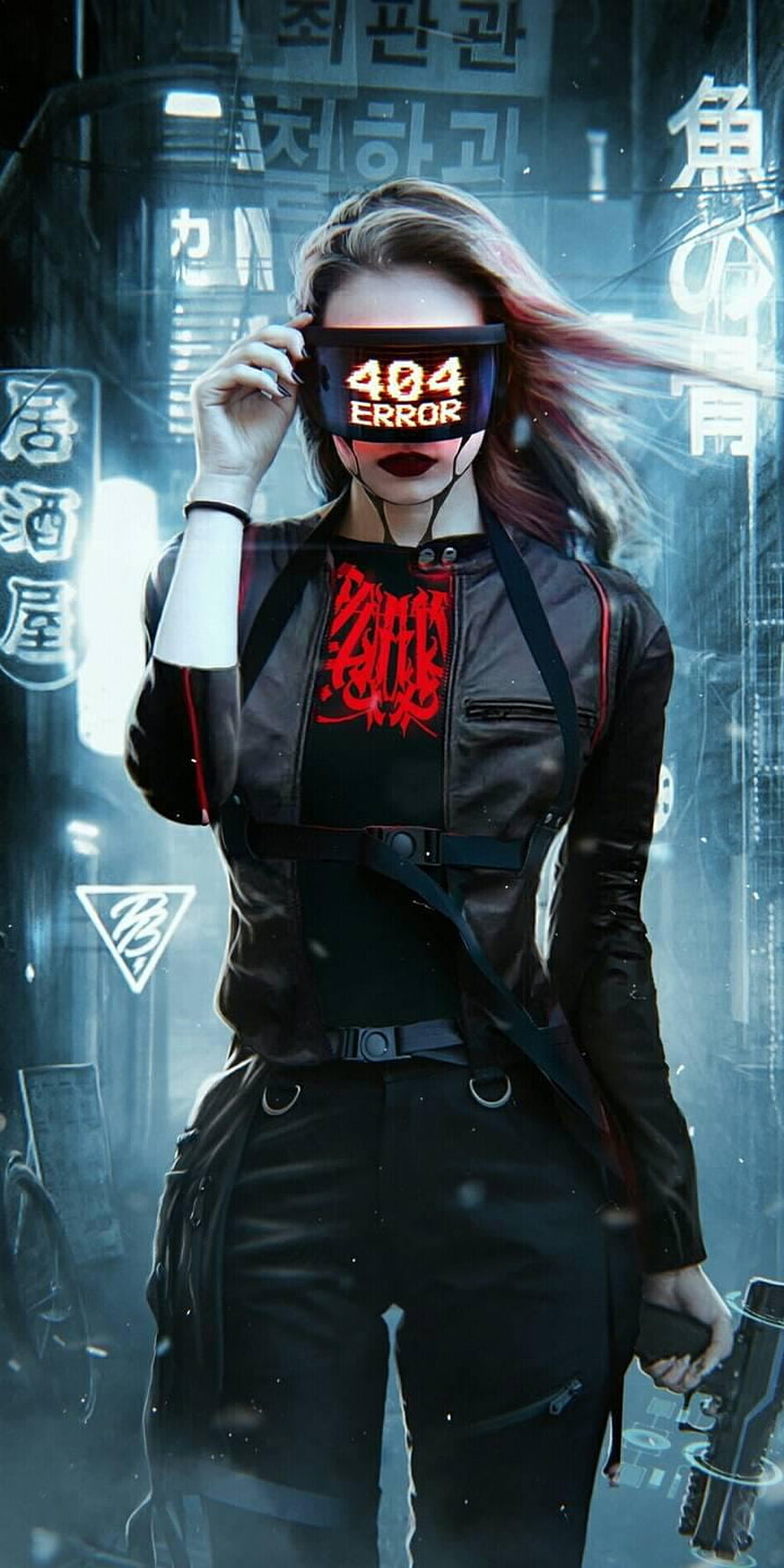Cyberpunk Girl with 404 Error Visor in Neon Asian City Street HD phone wallpaper