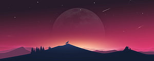 Minimalist Wolf Silhouette on Mountain Ridge Under Giant Moon with Pink Sky HD wallpaper
