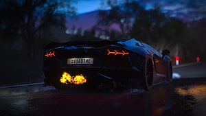Lamborghini Aventador drifting on a wet road at night with flames from the exhaust in a cinematic video game scene HD wallpaper