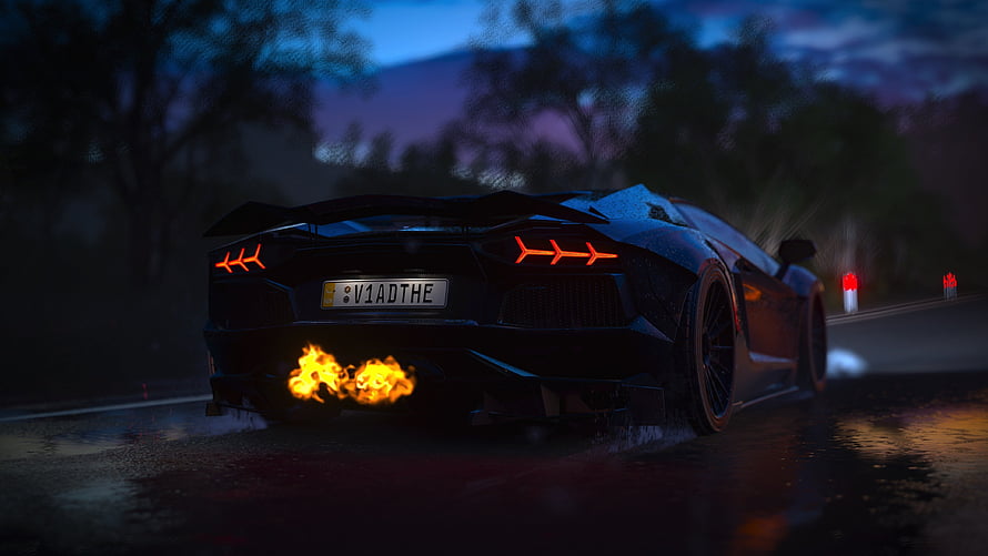 Lamborghini Aventador drifting on a wet road at night with flames from the exhaust in a cinematic video game scene HD wallpaper