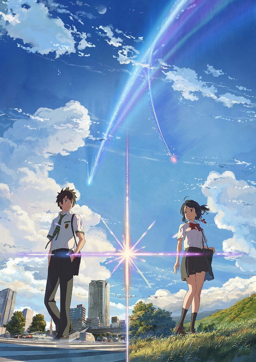 Your Name Anime Poster Featuring Taki and Mitsuha Under a Meteor Shower HD phone wallpaper