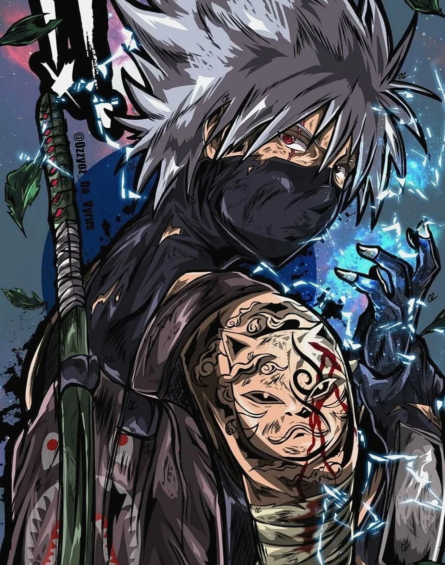 Kakashi Hatake Sharingan and Chakra Artwork with Katana and Mask HD phone wallpaper