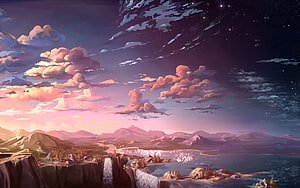 Fantasy Landscape With Waterfall, Mountains, And Starry Sky At Sunset HD wallpaper