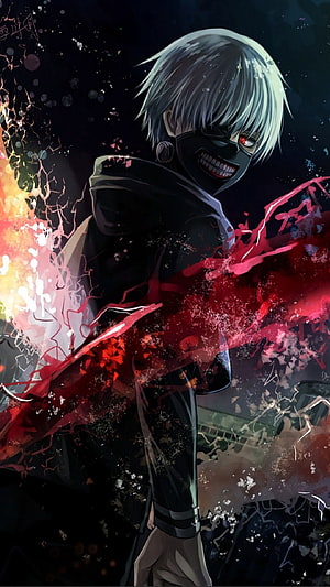 Kaneki Ken from Tokyo Ghoul in Dark Mask with Red Eye and Blood Splatter HD phone wallpaper