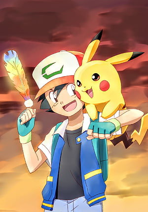 Ash Ketchum and Pikachu with Rainbow Feather at Sunset HD phone wallpaper