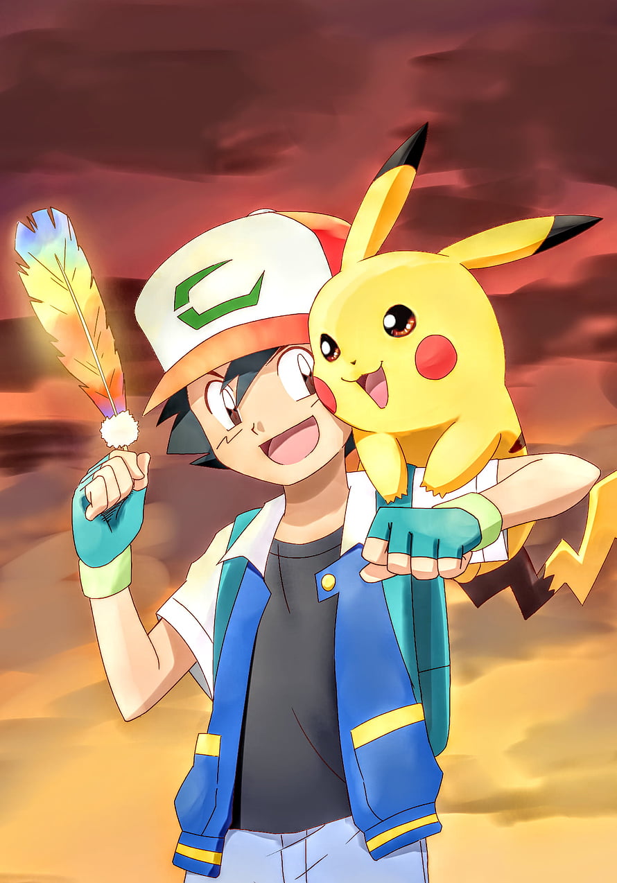 Ash Ketchum and Pikachu with Rainbow Feather at Sunset HD phone wallpaper