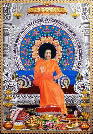 Sri Sathya Sai Baba seated on ornate throne with mandala backdrop and ritual offerings HD phone wallpaper