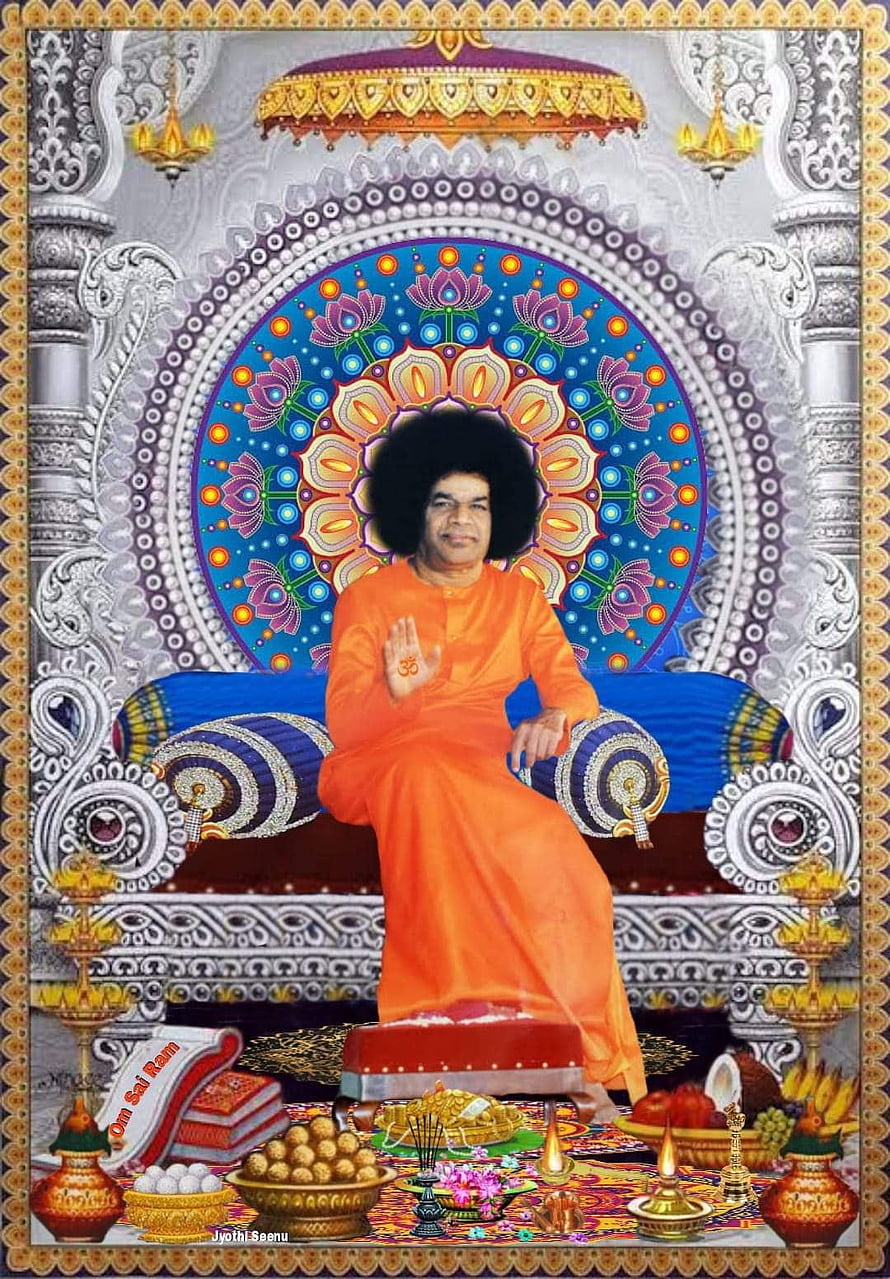 Sri Sathya Sai Baba seated on ornate throne with mandala backdrop and ritual offerings HD phone wallpaper