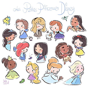 Cute Chibi Disney Princesses Collection Illustration HD wallpaper