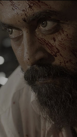 Surya as Vikram in Intense Close-Up with Blood-Streaked Face and Fierce Gaze HD phone wallpaper