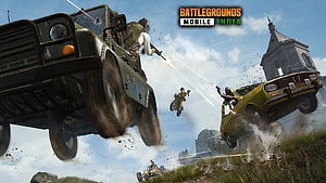 Battlegrounds Mobile India action scene with flying vehicles and shooting characters HD wallpaper