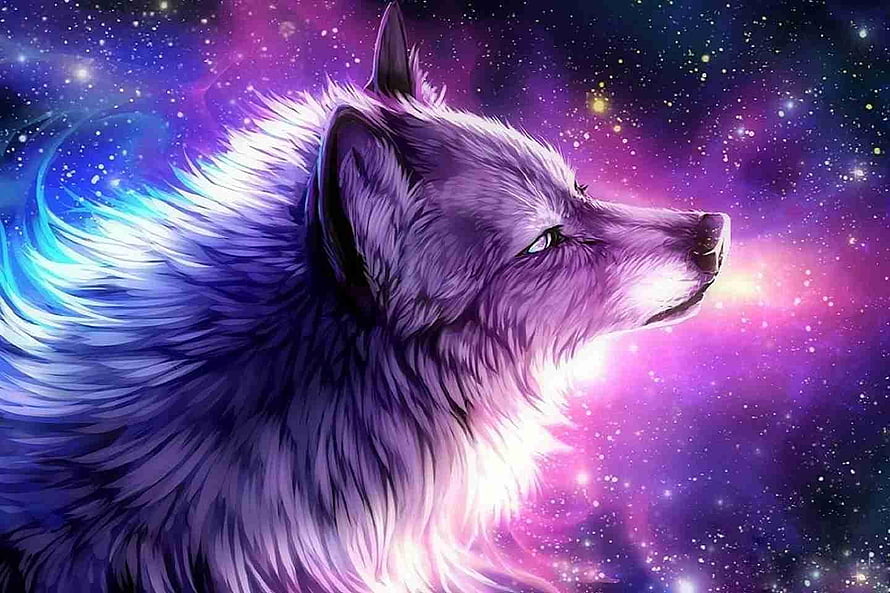 Purple Spirit Wolf Gazing Into a Vibrant Cosmic Galaxy Nebula HD wallpaper