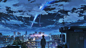 Anime Boy Watching Meteor Shower Over City Rooftop Night Sky HD wallpaper