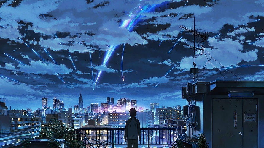 Anime Boy Watching Meteor Shower Over City Rooftop Night Sky HD wallpaper