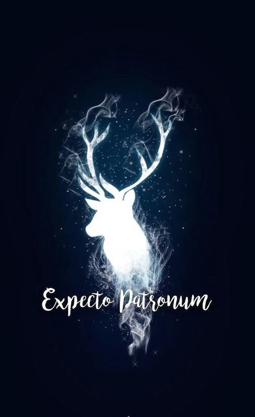Harry Potter Stag Patronus Smoke Art with Expecto Patronum Text on Dark Blue Background HD phone wallpaper