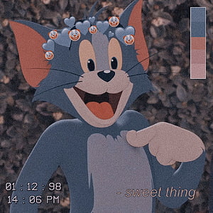 Tom from Tom and Jerry in a grainy retro aesthetic with heart stickers and a VHS timestamp overlay HD phone wallpaper