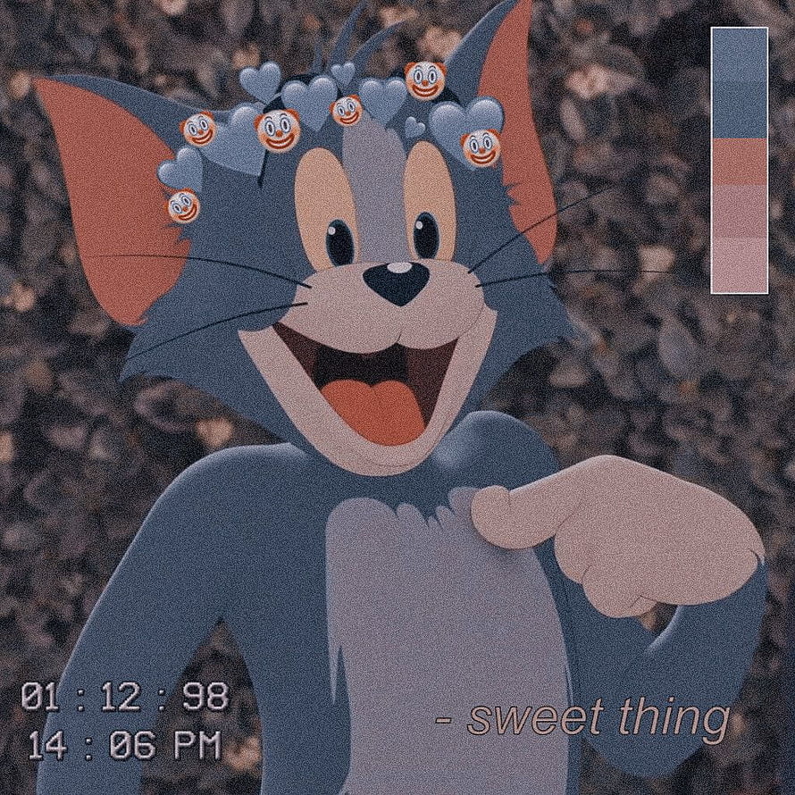 Tom from Tom and Jerry in a grainy retro aesthetic with heart stickers and a VHS timestamp overlay HD phone wallpaper
