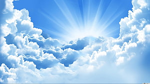 Bright Sun Rays Shining Through Fluffy White Clouds in Blue Sky HD wallpaper