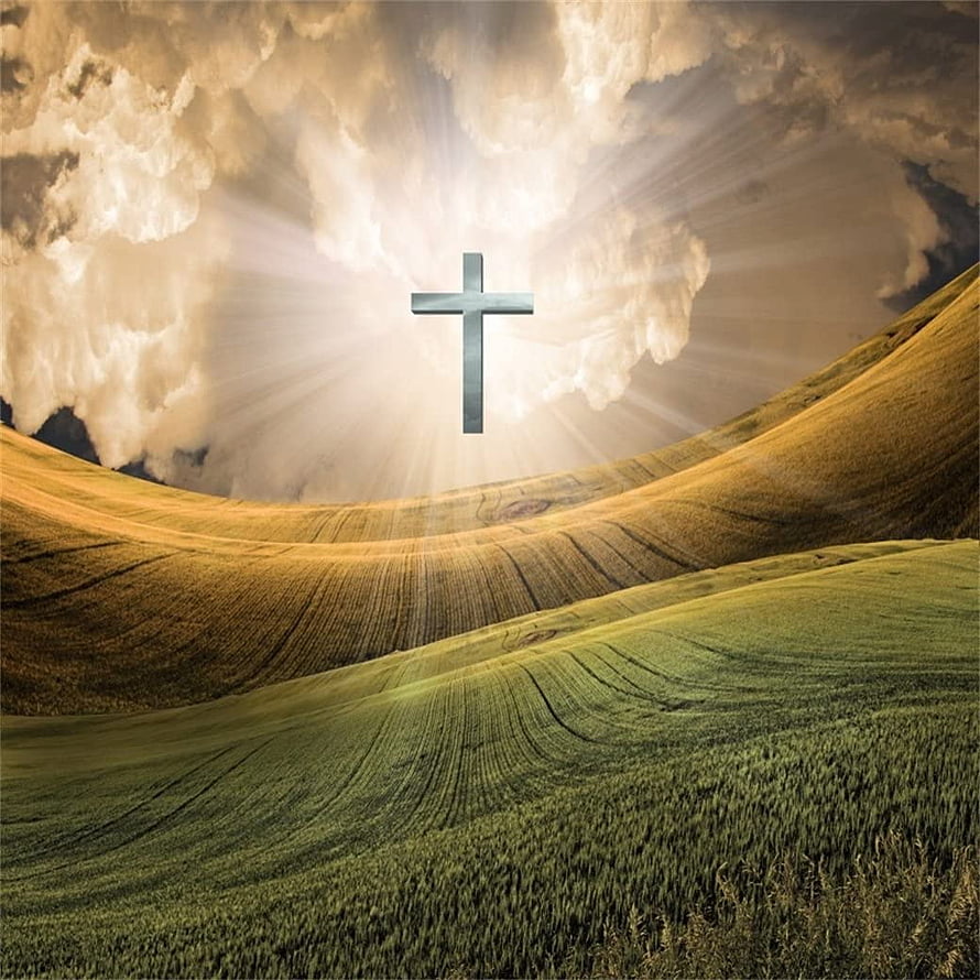 Metallic Christian Cross Floating Above Golden Rolling Hills With Divine Sunbeams Breaking Through Dramatic Clouds HD phone wallpaper