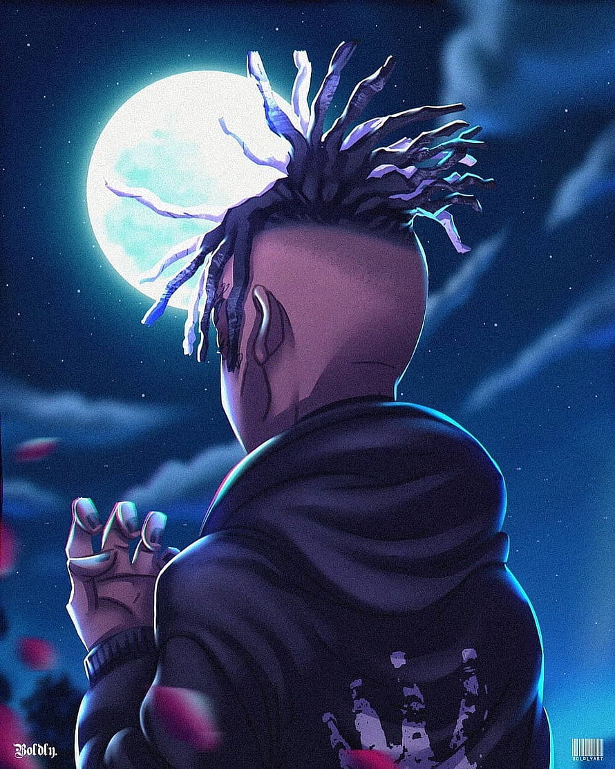 Anime Style Illustration of Man with Dreads Looking at Full Moon, Cartoon XXXTentacion Anime, XXXTentacion Blue HD phone wallpaper