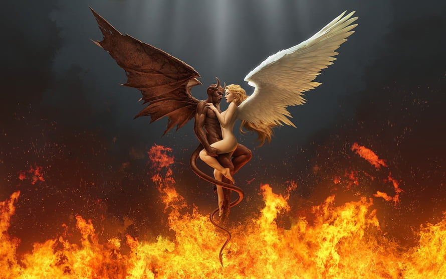 Angel and Demon Embracing Above a Sea of Fire in Dark Fantasy Art HD wallpaper