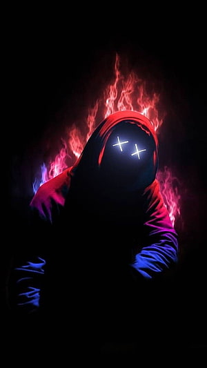 Mysterious Hooded Figure With Glowing Cross Eyes And Fiery Background HD phone wallpaper