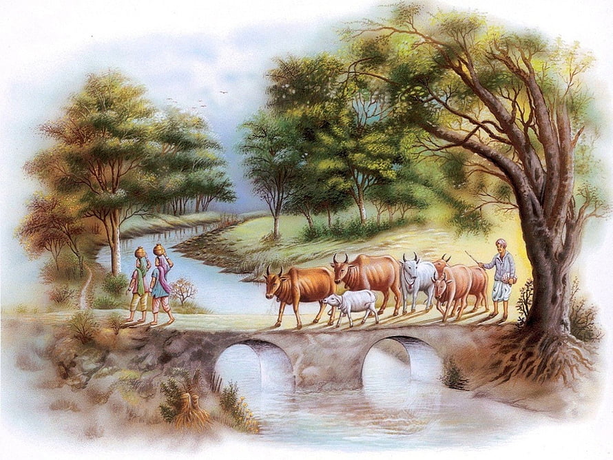 Indian Village Scene: Farmers and Cattle Crossing a Stone Arch Bridge HD wallpaper