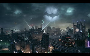 Gotham City Night Skyline with Bat Signal in Dark Rainy Atmosphere HD wallpaper