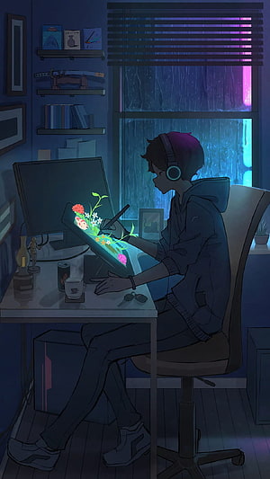 Digital Artist Drawing Glowing Flowers on Tablet in Cozy Nighttime Room HD phone wallpaper