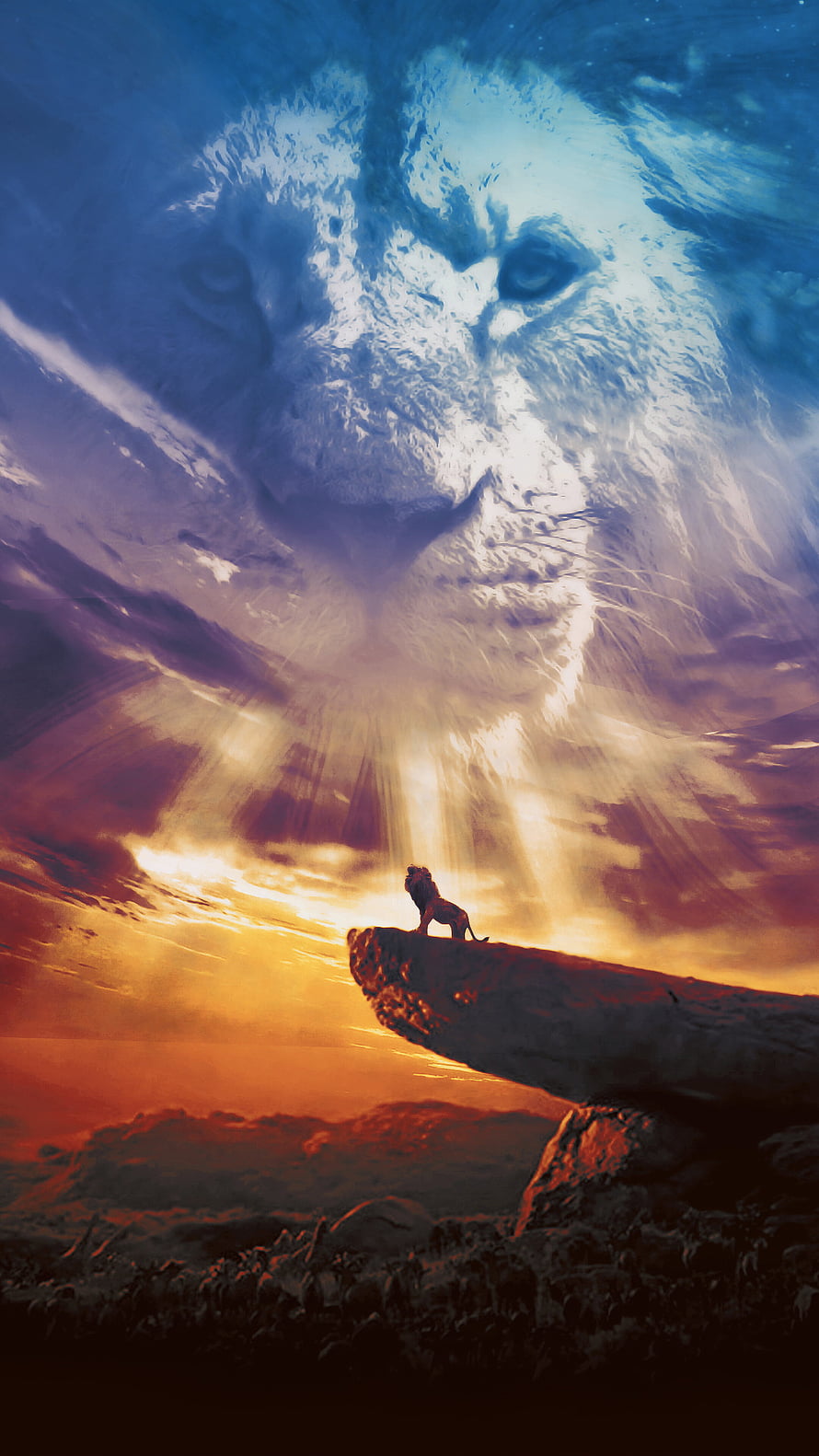 The Lion King Cinematic Poster Featuring Mufasa Silhouette and Spiritual Vision at Sunset HD phone wallpaper