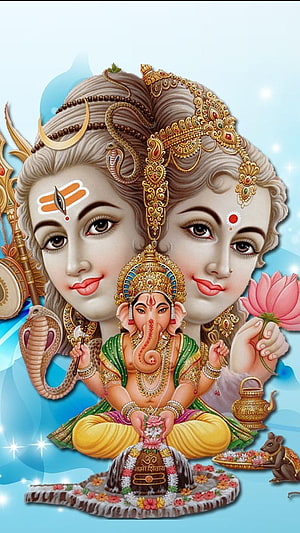 Shiva, Parvati, and Ganesha in a Sacred Hindu Family Portrait HD phone wallpaper