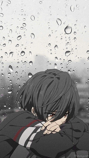 Sad Anime Boy Looking Through Rainy Window With Water Droplets HD phone wallpaper