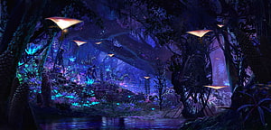Bioluminescent Alien Forest Concept Art with Glowing Flora and Fantasy Landscape HD wallpaper