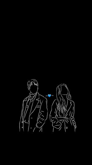 Minimalist White Line Art Couple with Blue Heart on Black Background HD phone wallpaper