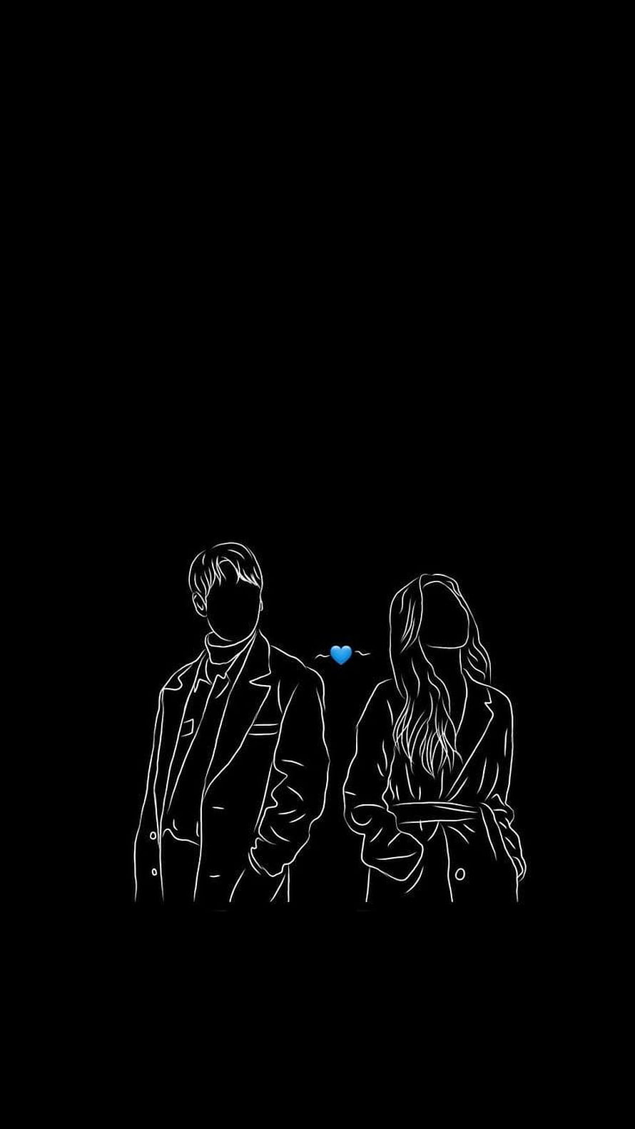Minimalist White Line Art Couple with Blue Heart on Black Background HD phone wallpaper
