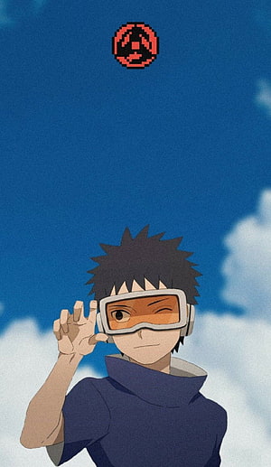 Uchiha Obito Anime Character Winking With Orange Goggles And Pixelated Sharingan Symbol HD phone wallpaper