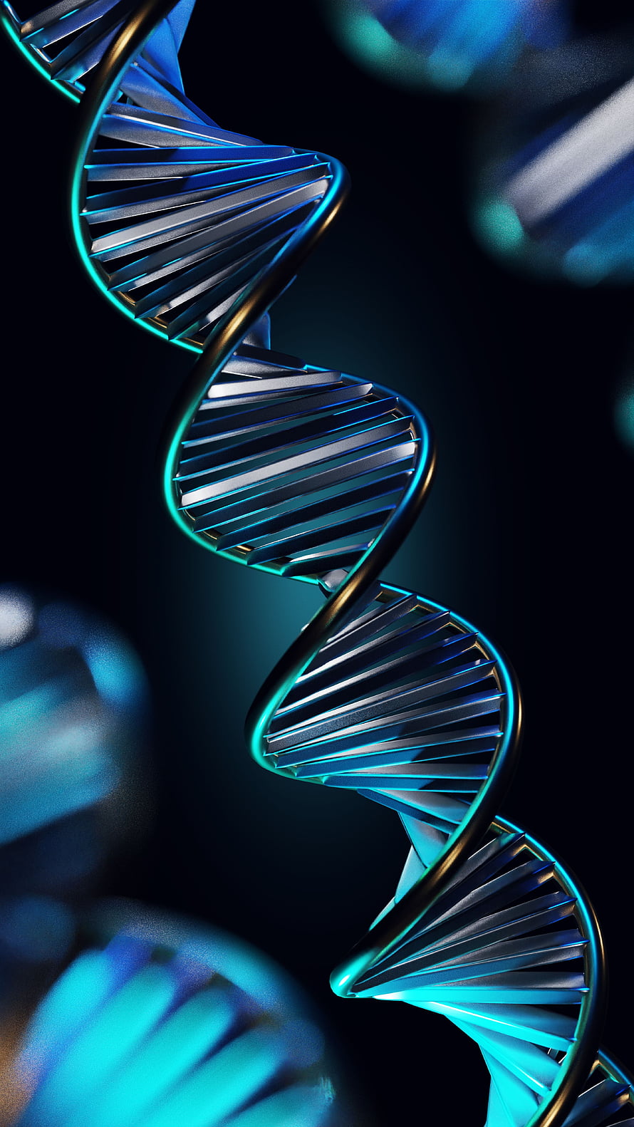 Glowing DNA Double Helix with Cyan and Gold Accents on Dark Background HD phone wallpaper