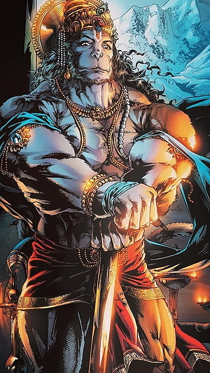 Hanuman Hindu Deity Warrior Illustration with Glowing Sword and Mountain Background, Hanuman, Creative Painting HD phone wallpaper